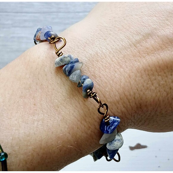 Sodalite Gemstone Bracelet, Crystal Bracelet, Bronze Jewelry, 8" - Picture 5 of 6